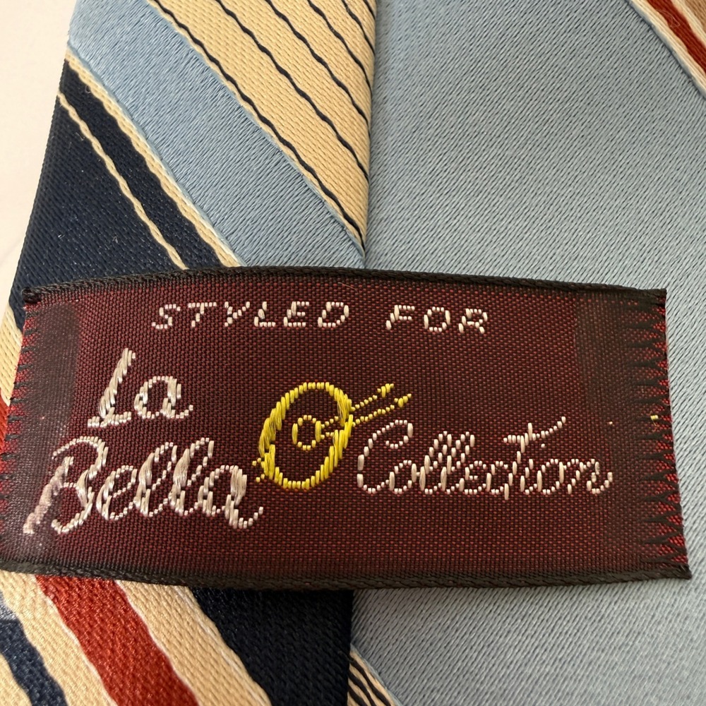 VTG La Bella Collection Striped Mens Necktie Blue Tan Formal Occasion Career Tie - Picture 2 of 5